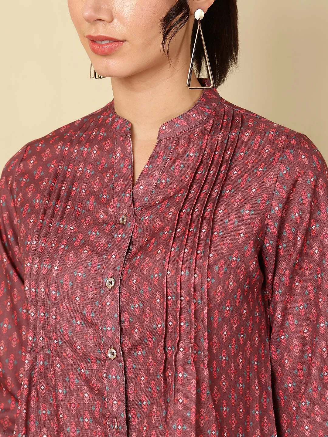 Brown Ethnic Motif Printed Pleated Top