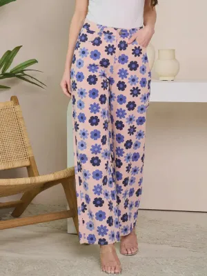 BUTTON CLOSURE WIDE LEG FLORAL DENIM PANTS