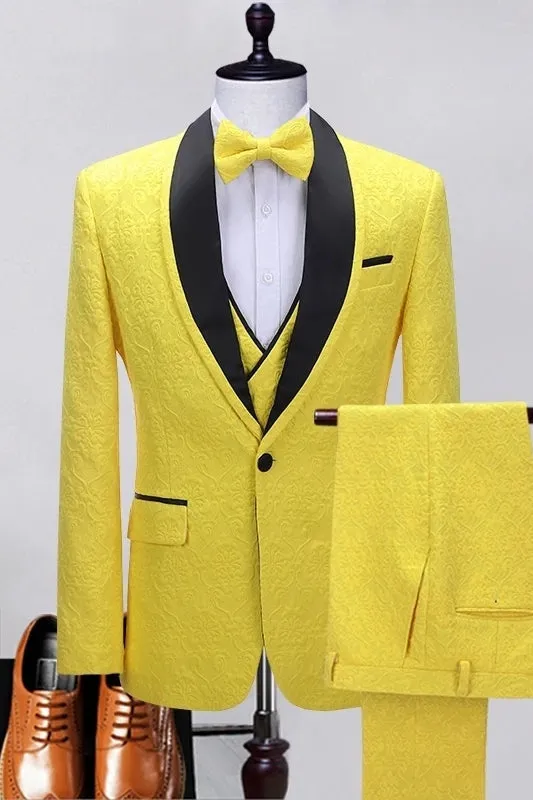 Chic Yellow Shawl Lapel Three Pieces Floral Paisley Jacquard Prom Suits Blazers Set Party Singer Groom