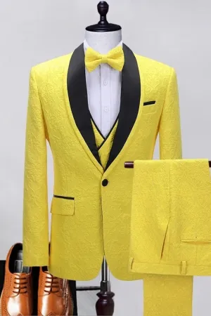Chic Yellow Shawl Lapel Three Pieces Floral Paisley Jacquard Prom Suits Blazers Set Party Singer Groom