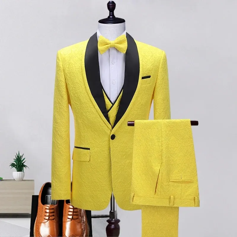 Chic Yellow Shawl Lapel Three Pieces Floral Paisley Jacquard Prom Suits Blazers Set Party Singer Groom