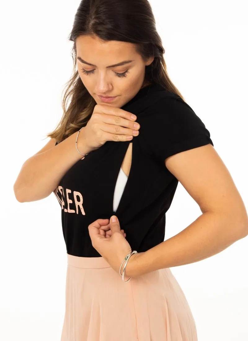 COFFEE   CONCEALER Breastfeeding T-shirt with Zips - Black (Organic Cotton)