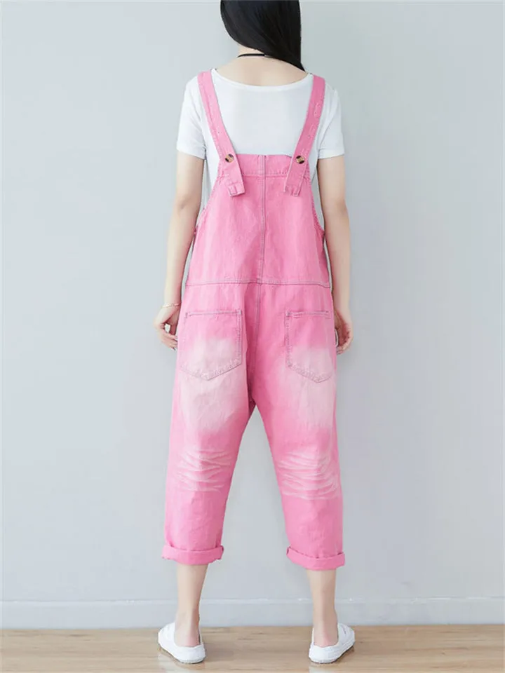 Cute Floral Printed Ripped Denim Jumpsuit