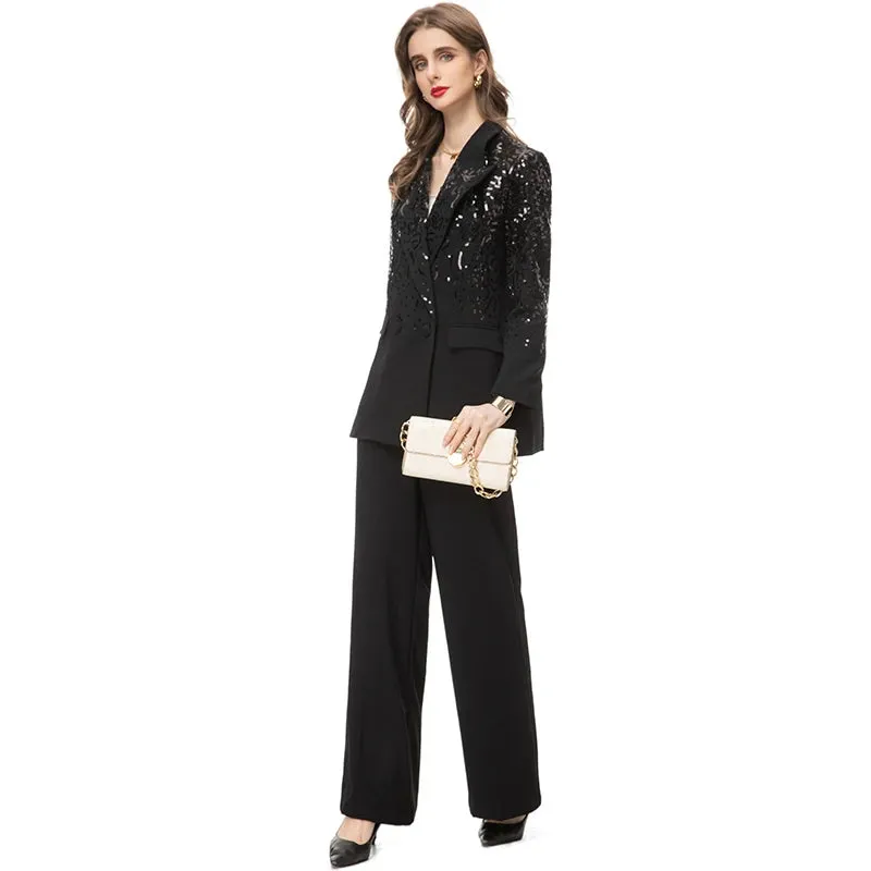 Delola Office Lady Suit Collar Long-Sleeved Sequin Suit Jacket Wide Leg Pants 2-Piece Set