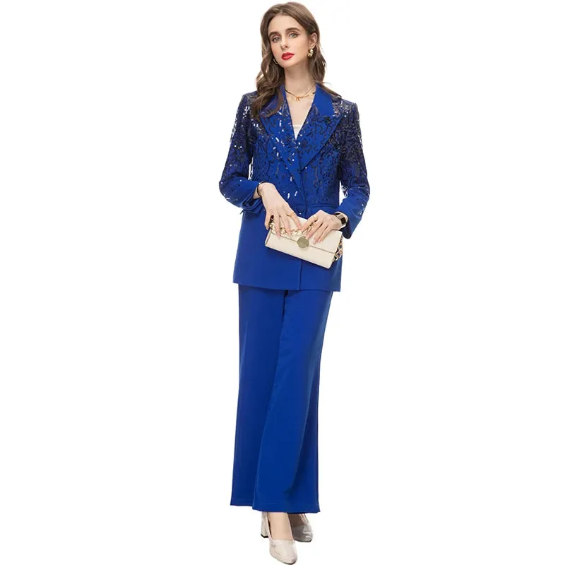 Delola Office Lady Suit Collar Long-Sleeved Sequin Suit Jacket Wide Leg Pants 2-Piece Set