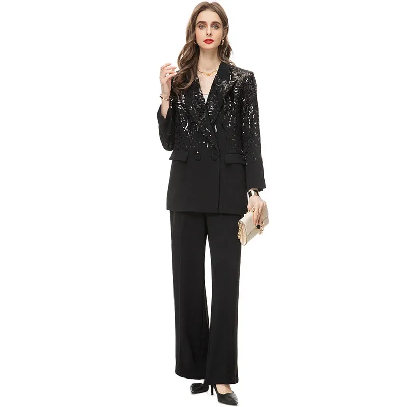 Delola Office Lady Suit Collar Long-Sleeved Sequin Suit Jacket Wide Leg Pants 2-Piece Set