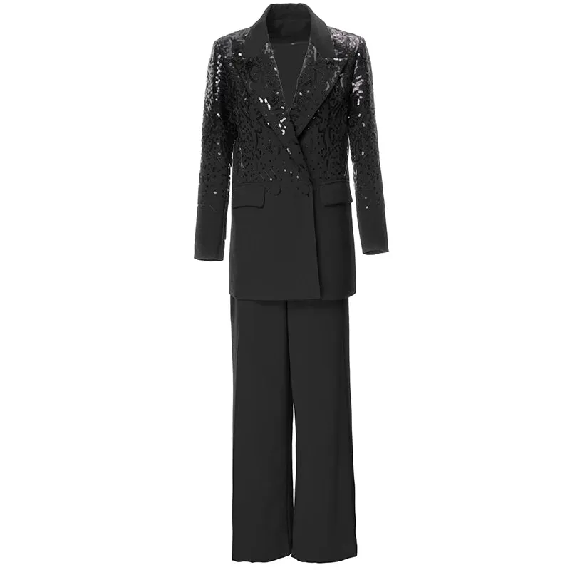 Delola Office Lady Suit Collar Long-Sleeved Sequin Suit Jacket Wide Leg Pants 2-Piece Set