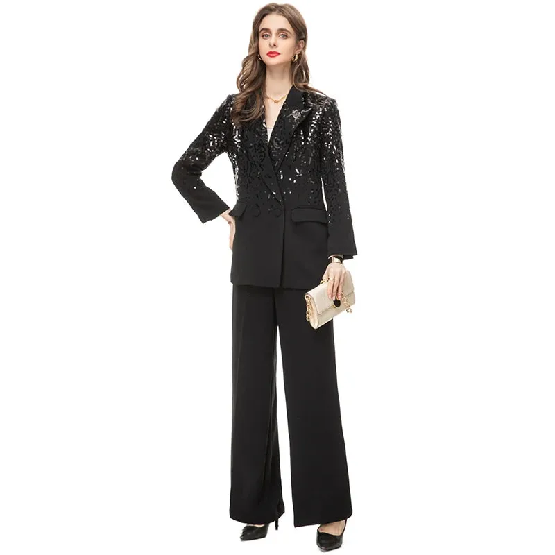 Delola Office Lady Suit Collar Long-Sleeved Sequin Suit Jacket Wide Leg Pants 2-Piece Set