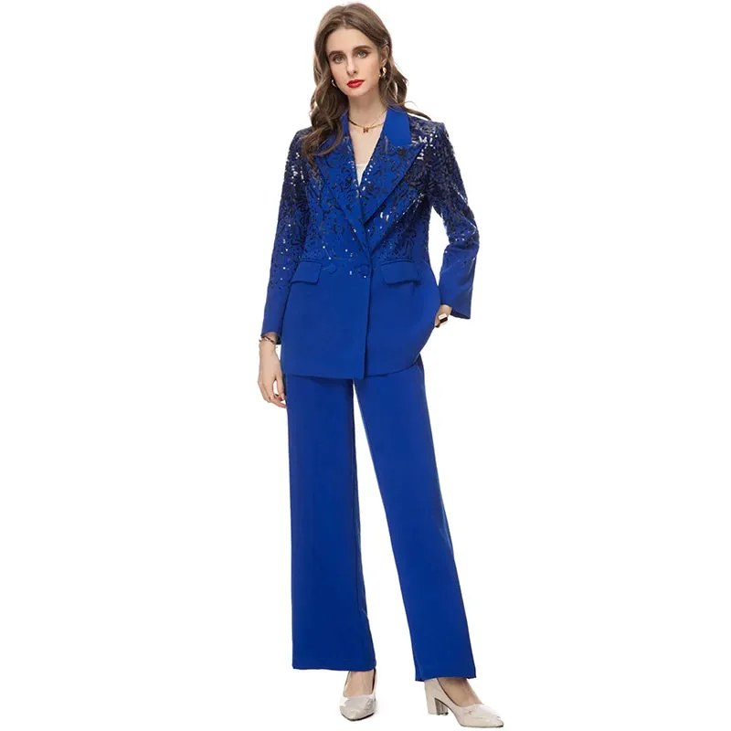 Delola Office Lady Suit Collar Long-Sleeved Sequin Suit Jacket Wide Leg Pants 2-Piece Set