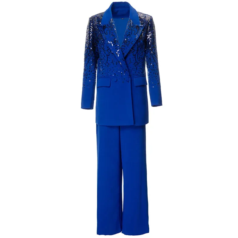 Delola Office Lady Suit Collar Long-Sleeved Sequin Suit Jacket Wide Leg Pants 2-Piece Set