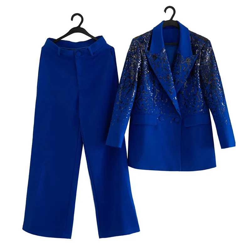 Delola Office Lady Suit Collar Long-Sleeved Sequin Suit Jacket Wide Leg Pants 2-Piece Set