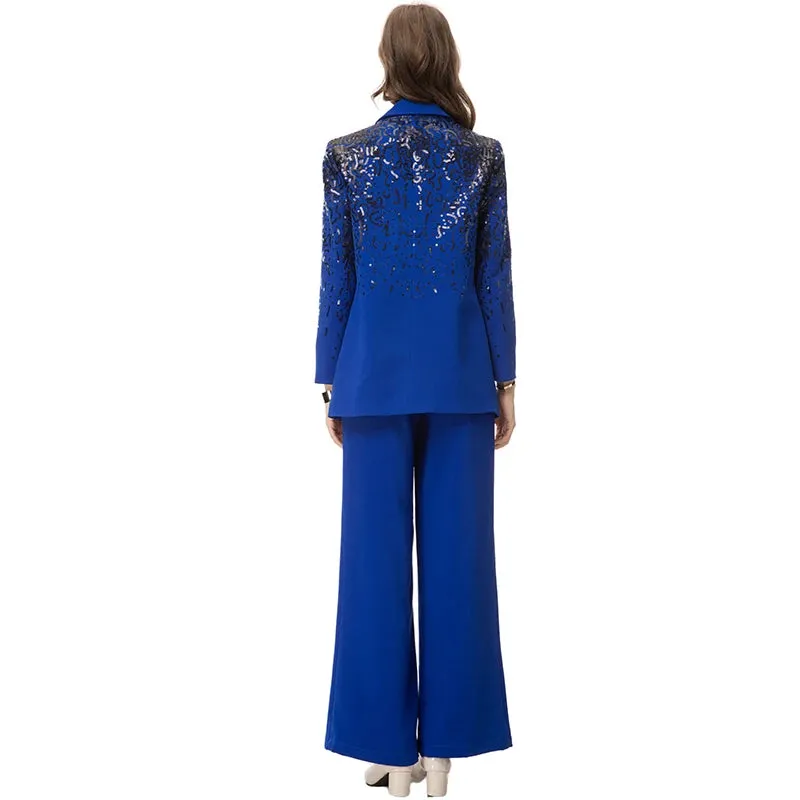 Delola Office Lady Suit Collar Long-Sleeved Sequin Suit Jacket Wide Leg Pants 2-Piece Set