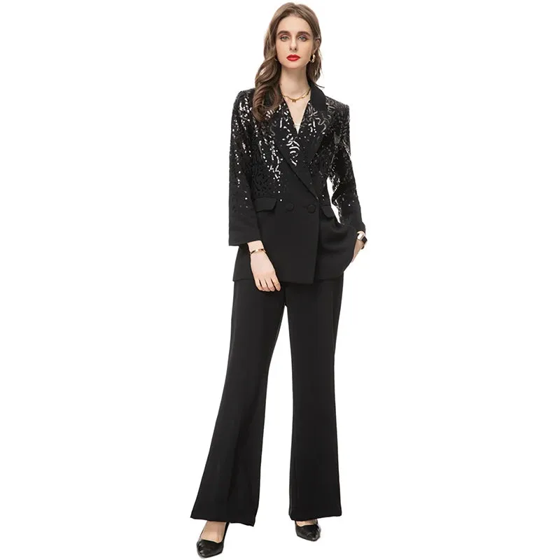 Delola Office Lady Suit Collar Long-Sleeved Sequin Suit Jacket Wide Leg Pants 2-Piece Set