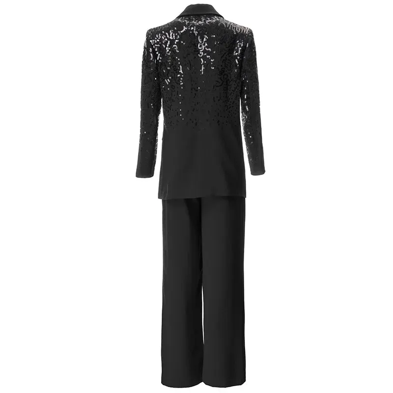 Delola Office Lady Suit Collar Long-Sleeved Sequin Suit Jacket Wide Leg Pants 2-Piece Set