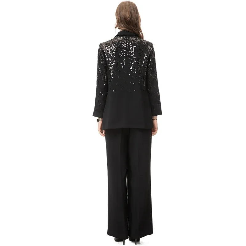 Delola Office Lady Suit Collar Long-Sleeved Sequin Suit Jacket Wide Leg Pants 2-Piece Set
