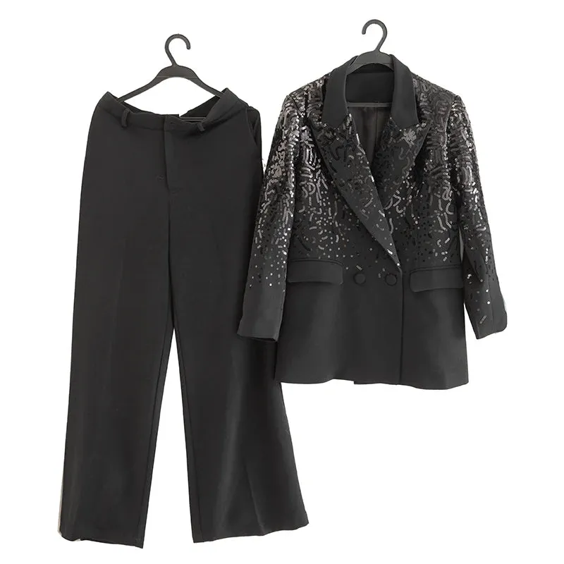 Delola Office Lady Suit Collar Long-Sleeved Sequin Suit Jacket Wide Leg Pants 2-Piece Set