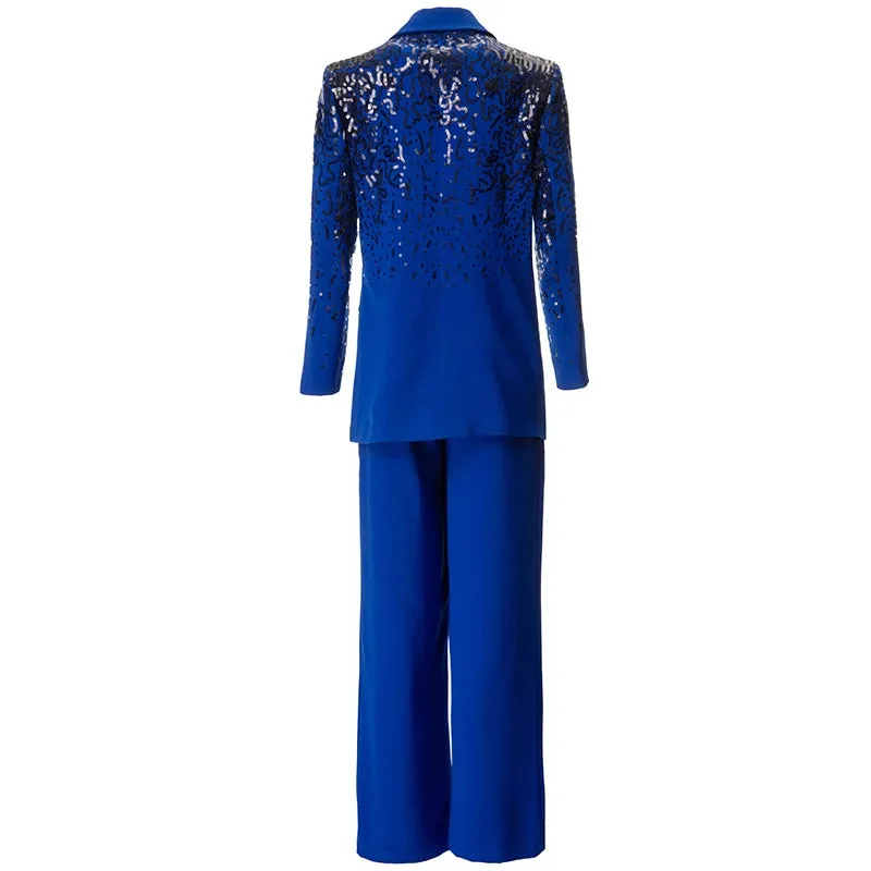 Delola Office Lady Suit Collar Long-Sleeved Sequin Suit Jacket Wide Leg Pants 2-Piece Set