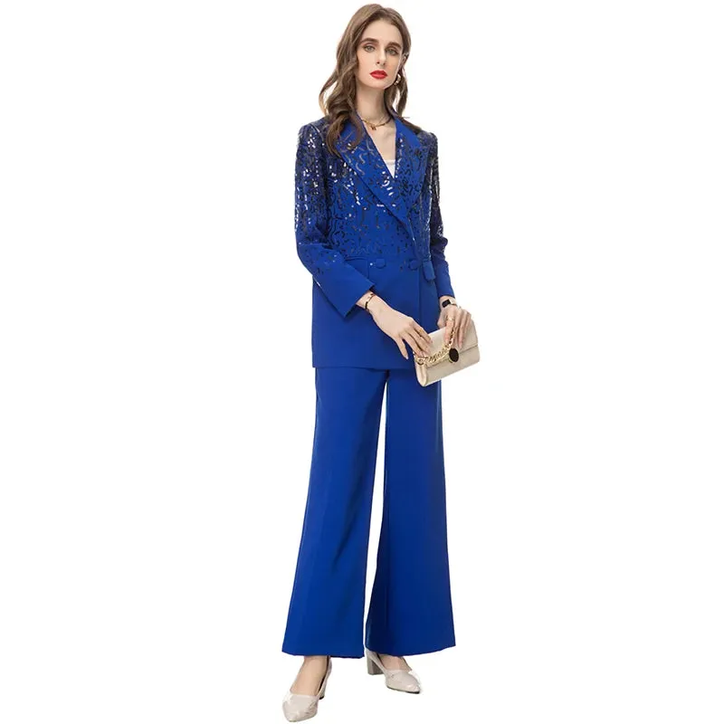 Delola Office Lady Suit Collar Long-Sleeved Sequin Suit Jacket Wide Leg Pants 2-Piece Set
