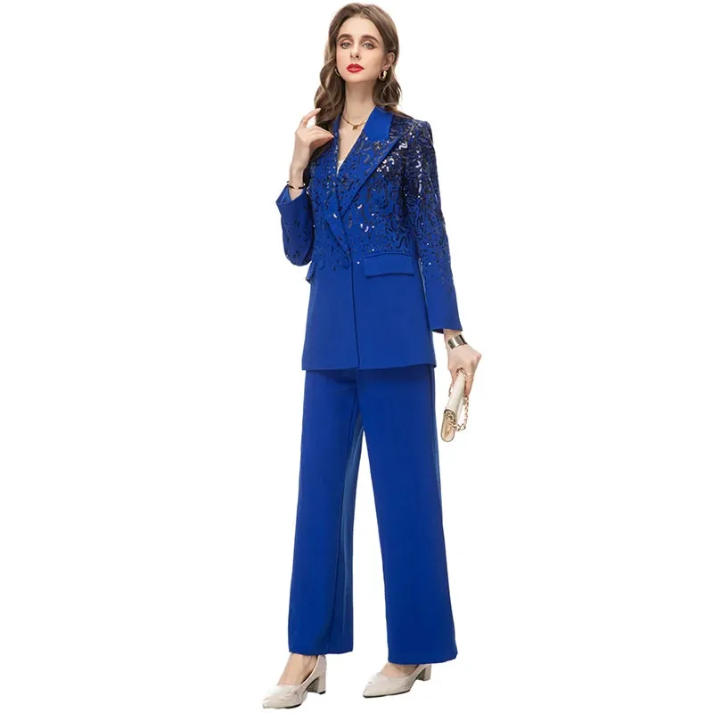 Delola Office Lady Suit Collar Long-Sleeved Sequin Suit Jacket Wide Leg Pants 2-Piece Set