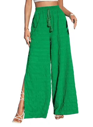 Dokotoo 2024 Stylish Summer Womens Boho Wide Leg Palazzo Pants Ladies Tassel Side Split Elastic High Waist Yoga Pant with Tie Drawstring Comfy Lightweight Beach Resort Wear Pants Green Medium