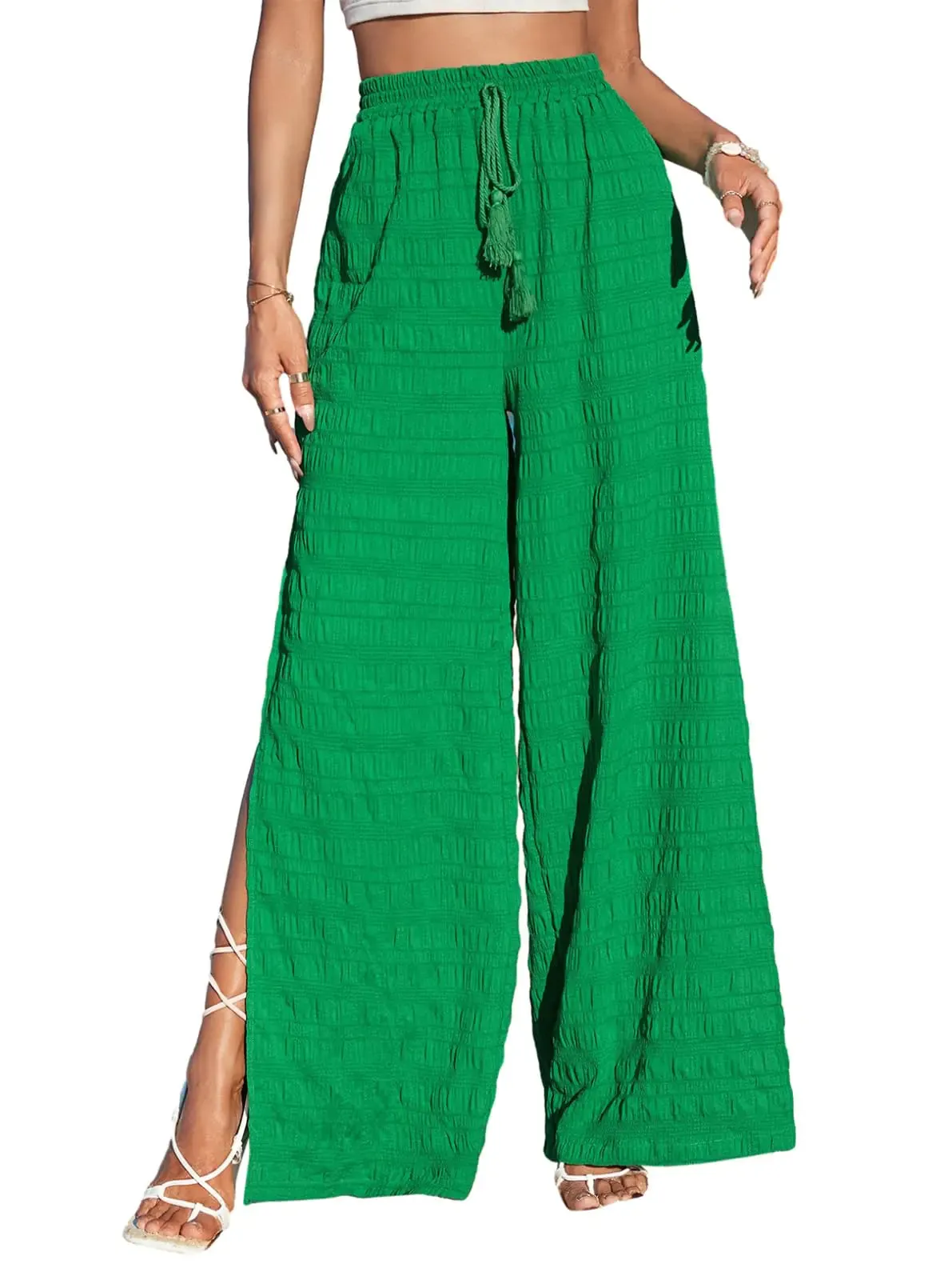 Dokotoo 2024 Stylish Summer Womens Boho Wide Leg Palazzo Pants Ladies Tassel Side Split Elastic High Waist Yoga Pant with Tie Drawstring Comfy Lightweight Beach Resort Wear Pants Green Medium