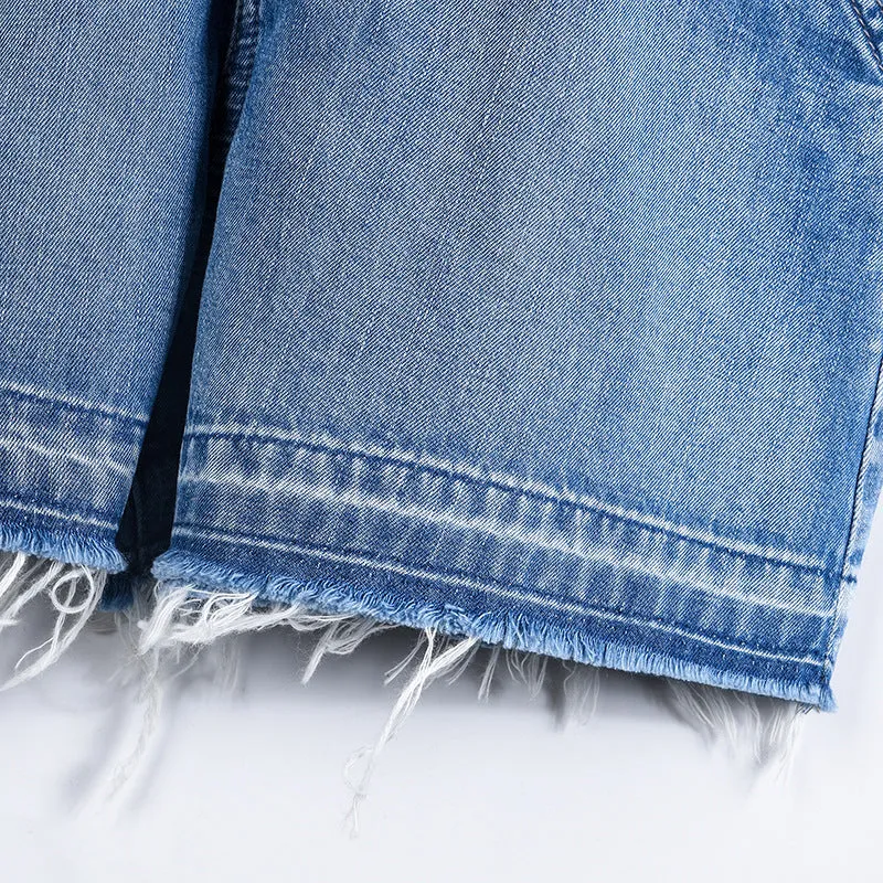 Elastic Belt Denim Vest And One-piece Shorts