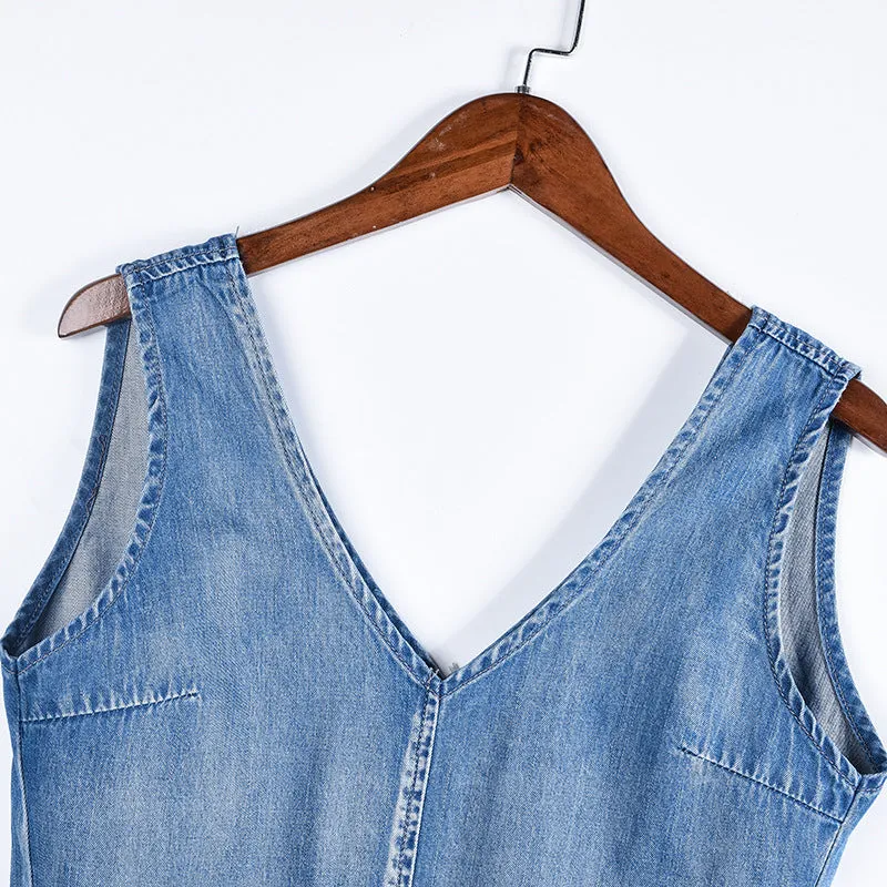 Elastic Belt Denim Vest And One-piece Shorts