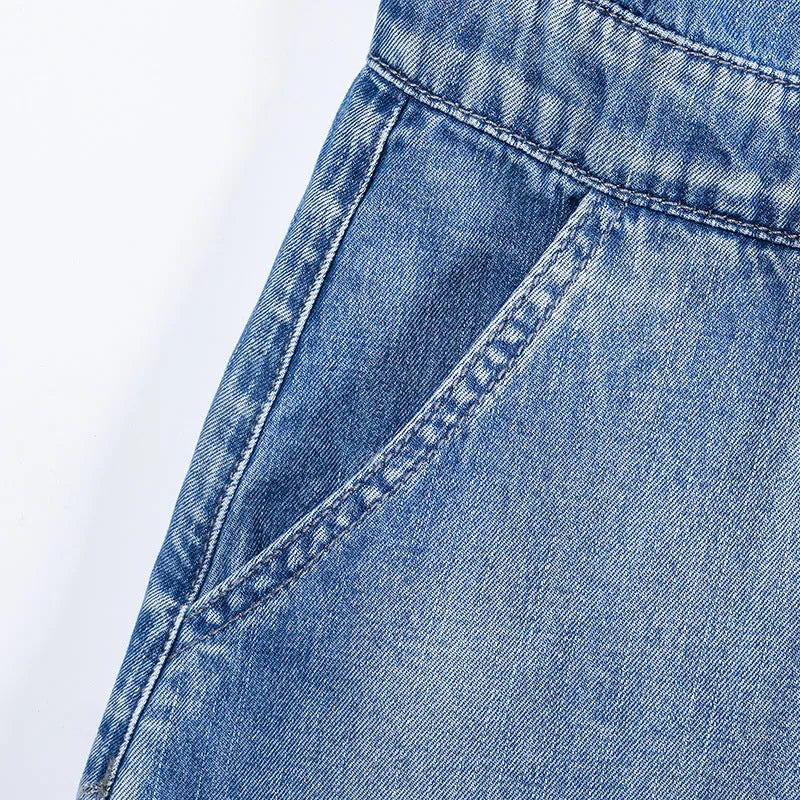 Elastic Belt Denim Vest And One-piece Shorts