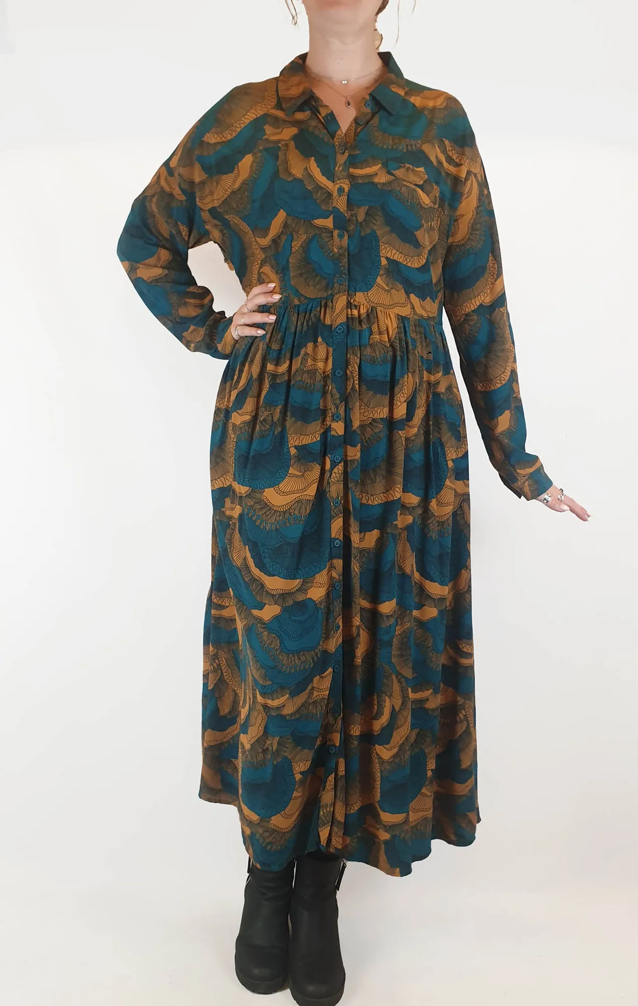 Elk blue floral print long sleeve maxi shirt dress size 12