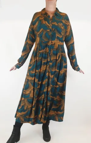 Elk blue floral print long sleeve maxi shirt dress size 12