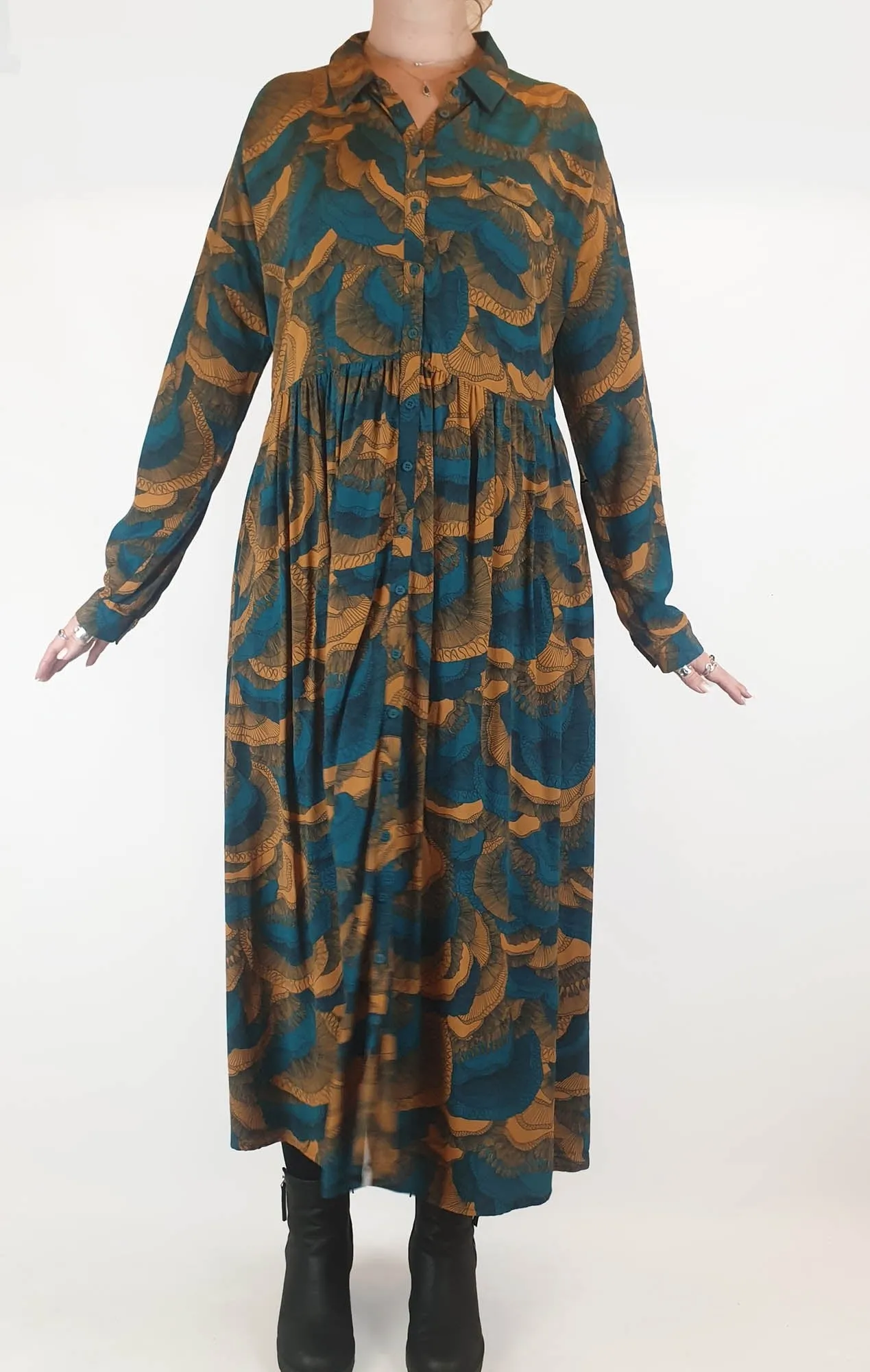Elk blue floral print long sleeve maxi shirt dress size 12