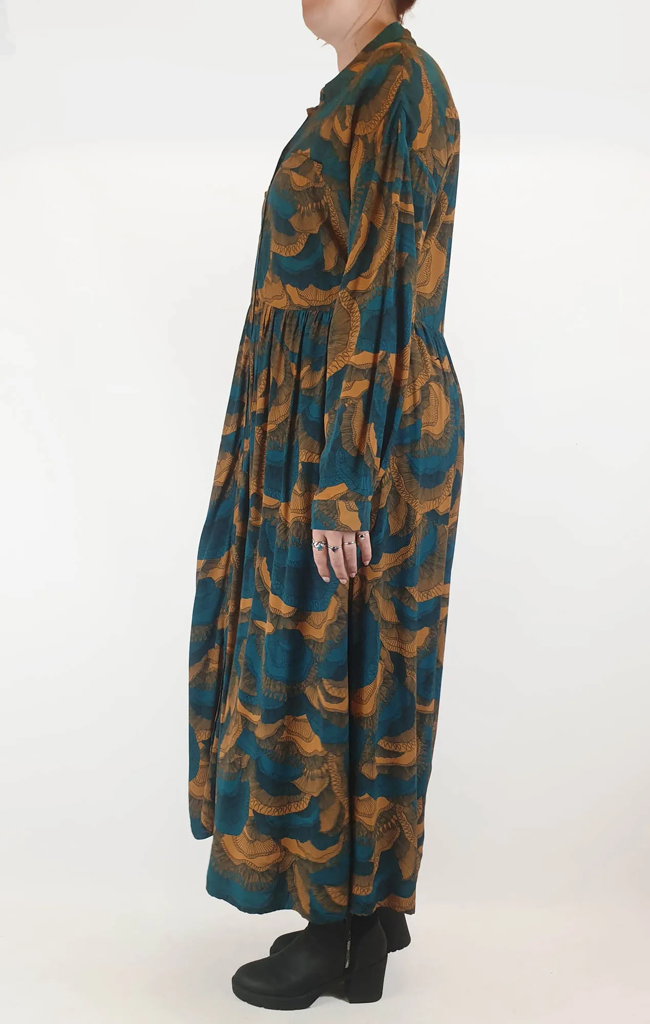 Elk blue floral print long sleeve maxi shirt dress size 12