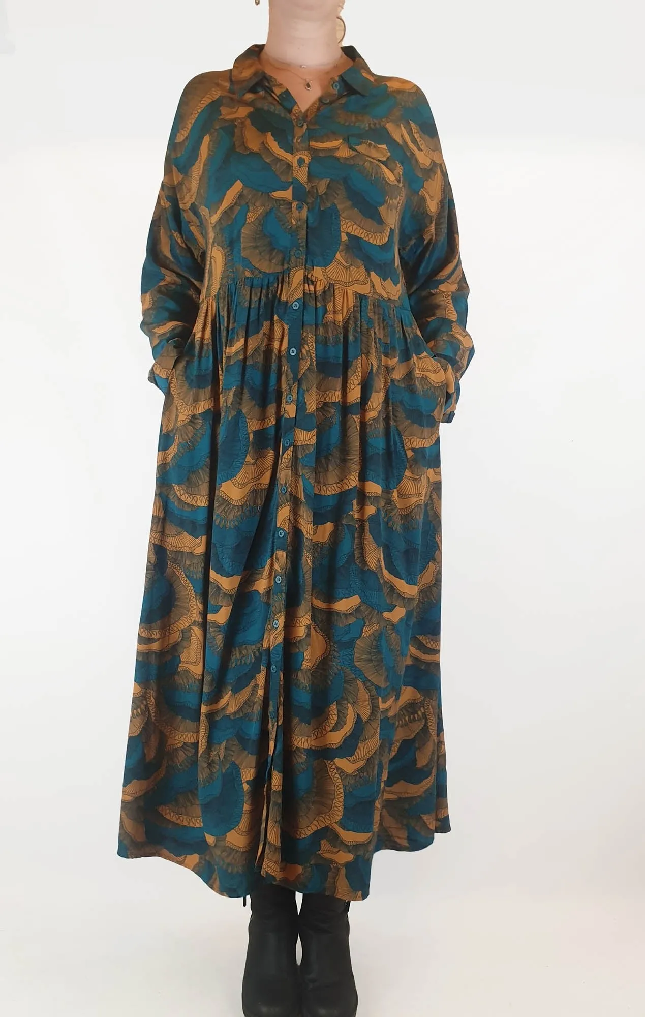 Elk blue floral print long sleeve maxi shirt dress size 12