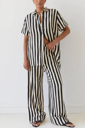 ERIKA STRIPED CASUAL SHIRT AND ELASTIC WAIST POCKET WIDE LEG PANTS SET