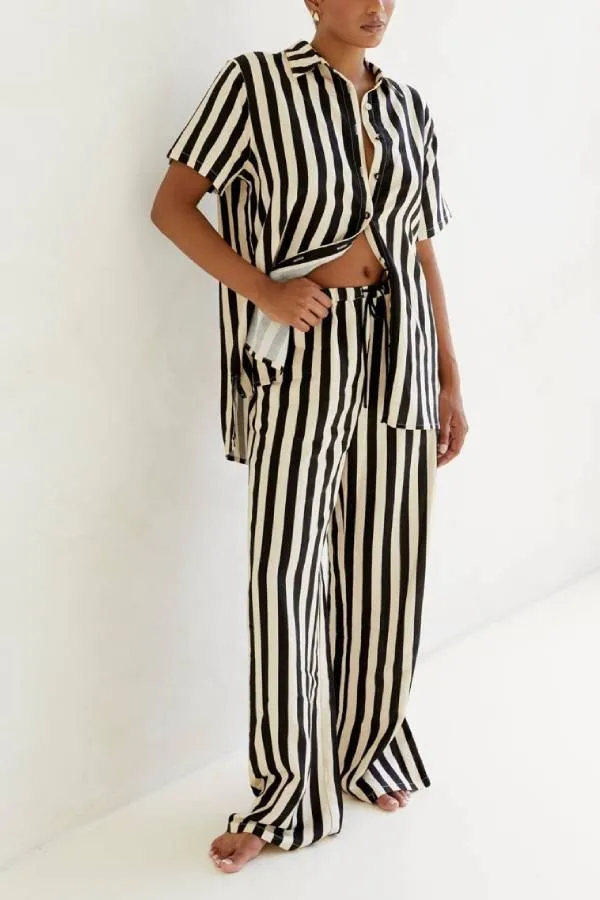 ERIKA STRIPED CASUAL SHIRT AND ELASTIC WAIST POCKET WIDE LEG PANTS SET
