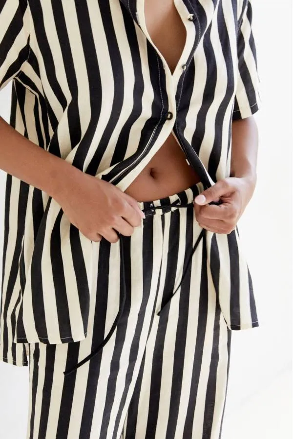 ERIKA STRIPED CASUAL SHIRT AND ELASTIC WAIST POCKET WIDE LEG PANTS SET