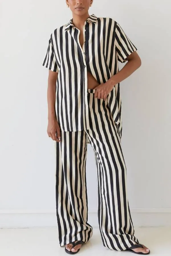 ERIKA STRIPED CASUAL SHIRT AND ELASTIC WAIST POCKET WIDE LEG PANTS SET