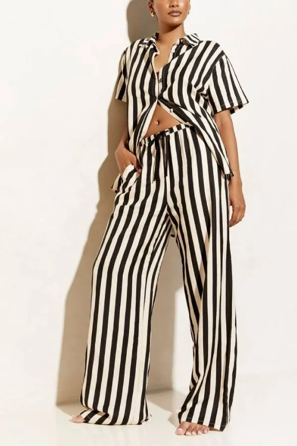 ERIKA STRIPED CASUAL SHIRT AND ELASTIC WAIST POCKET WIDE LEG PANTS SET