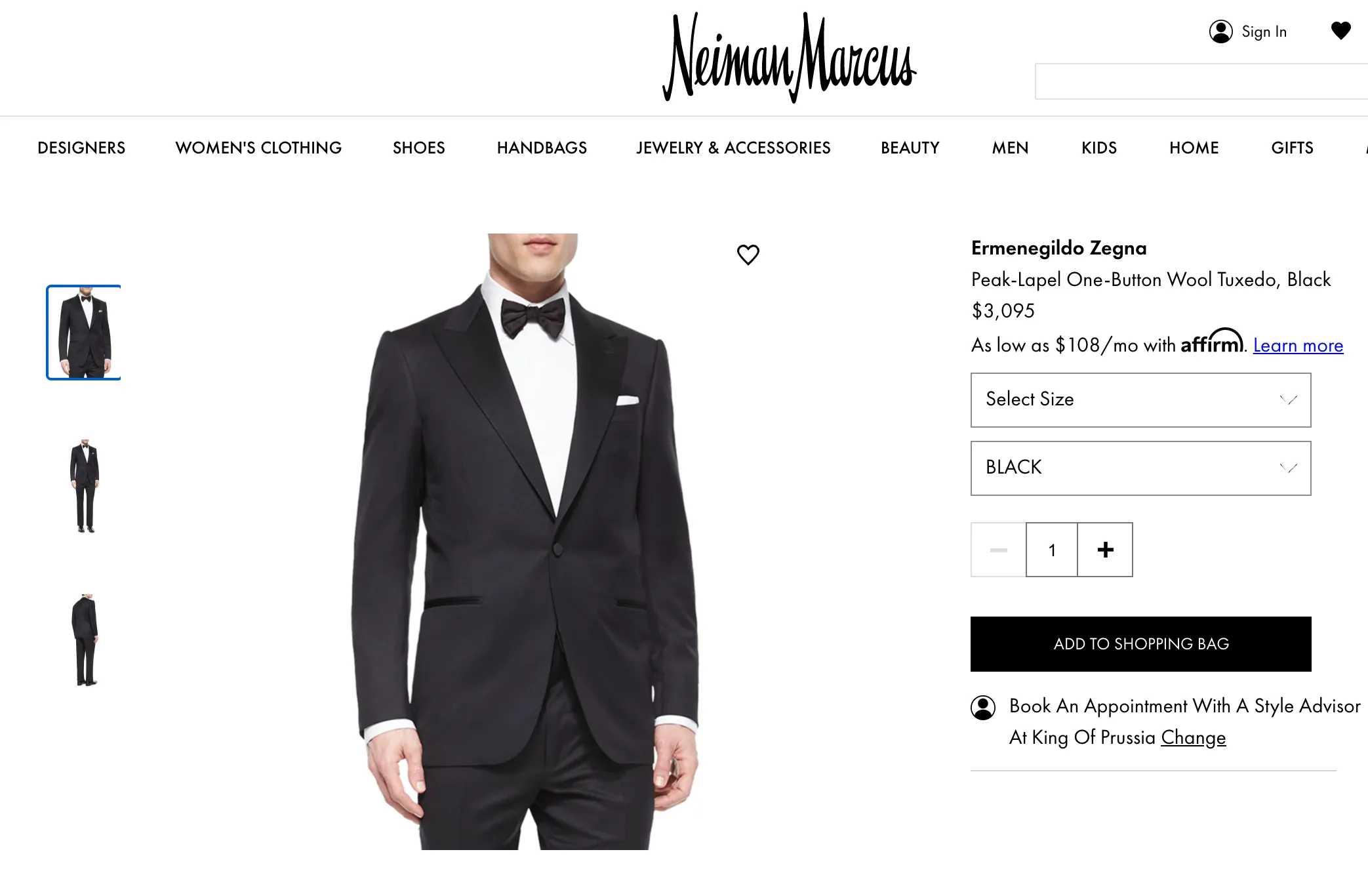 ERMENEGILDO ZEGNA -"MICRONSPHERE MILA" PEAK LAPEL Black Tuxedo - 42S