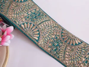 Exquisite Teal Green Thread & Sequin Border Trim - 1 Yard