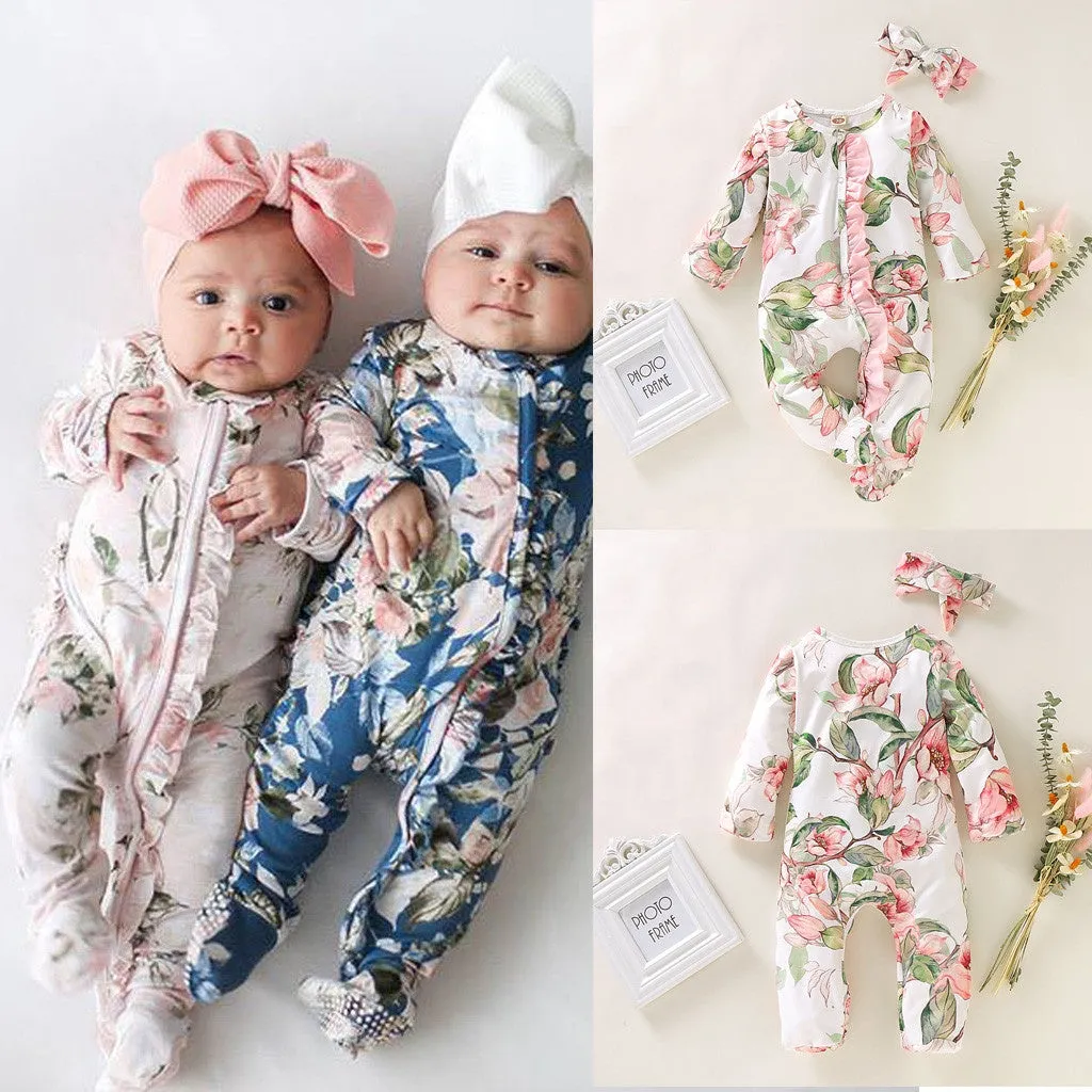 Floral Footed Romper with Headband Set 9M-18M