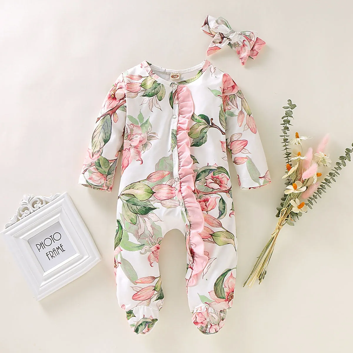 Floral Footed Romper with Headband Set 9M-18M