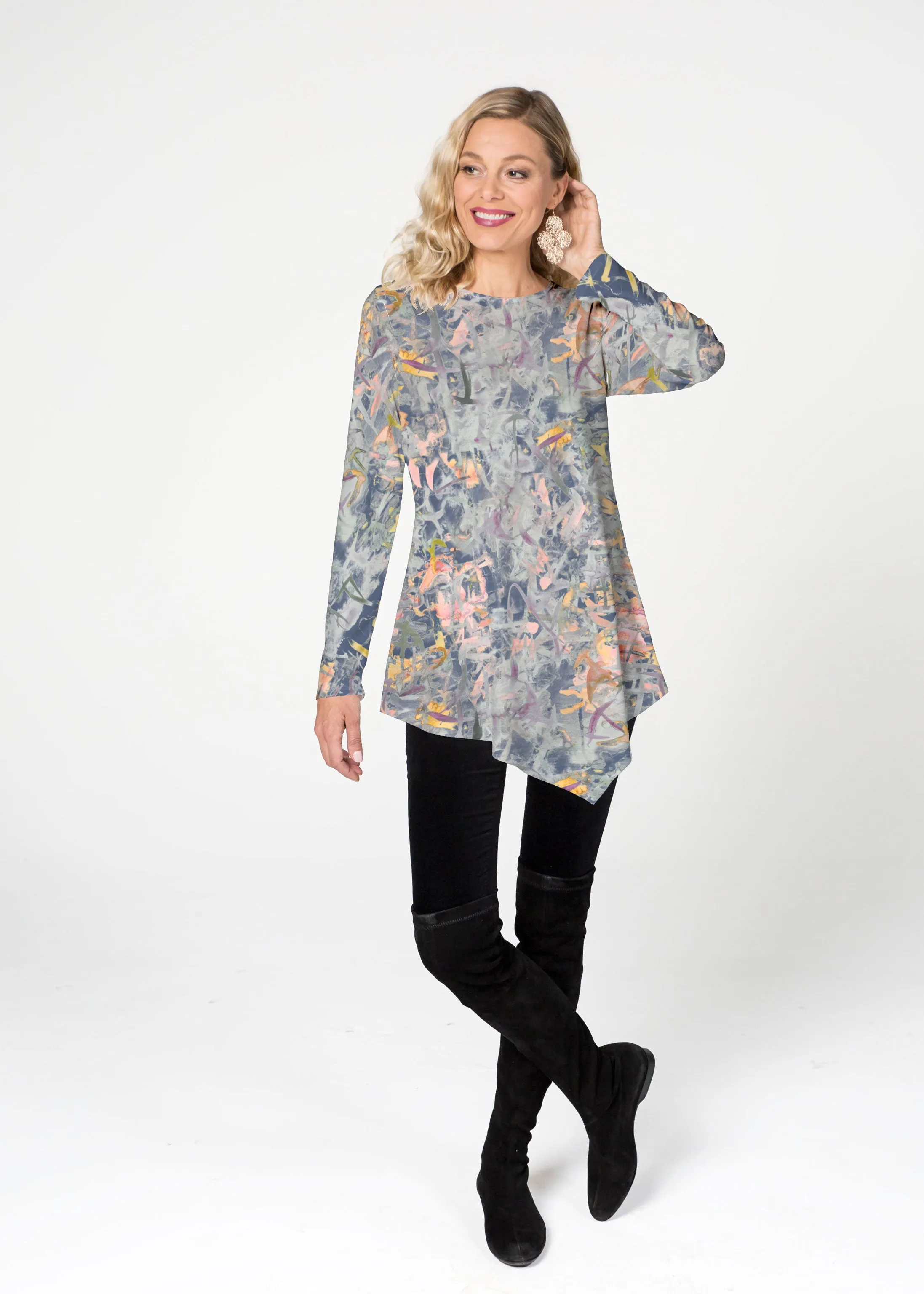 Floral Strokes Navy (7663) ~ Asymmetrical French Terry Tunic