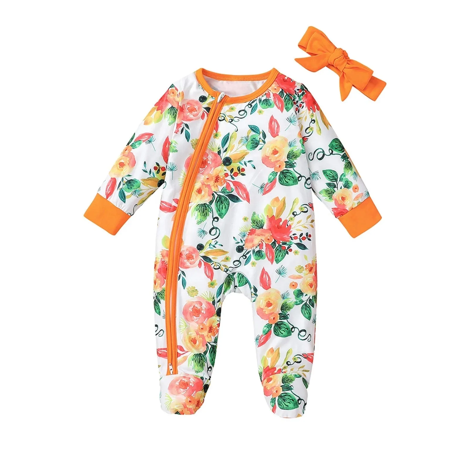 Floral Zip Romper Jumpsuit   Headbands Set