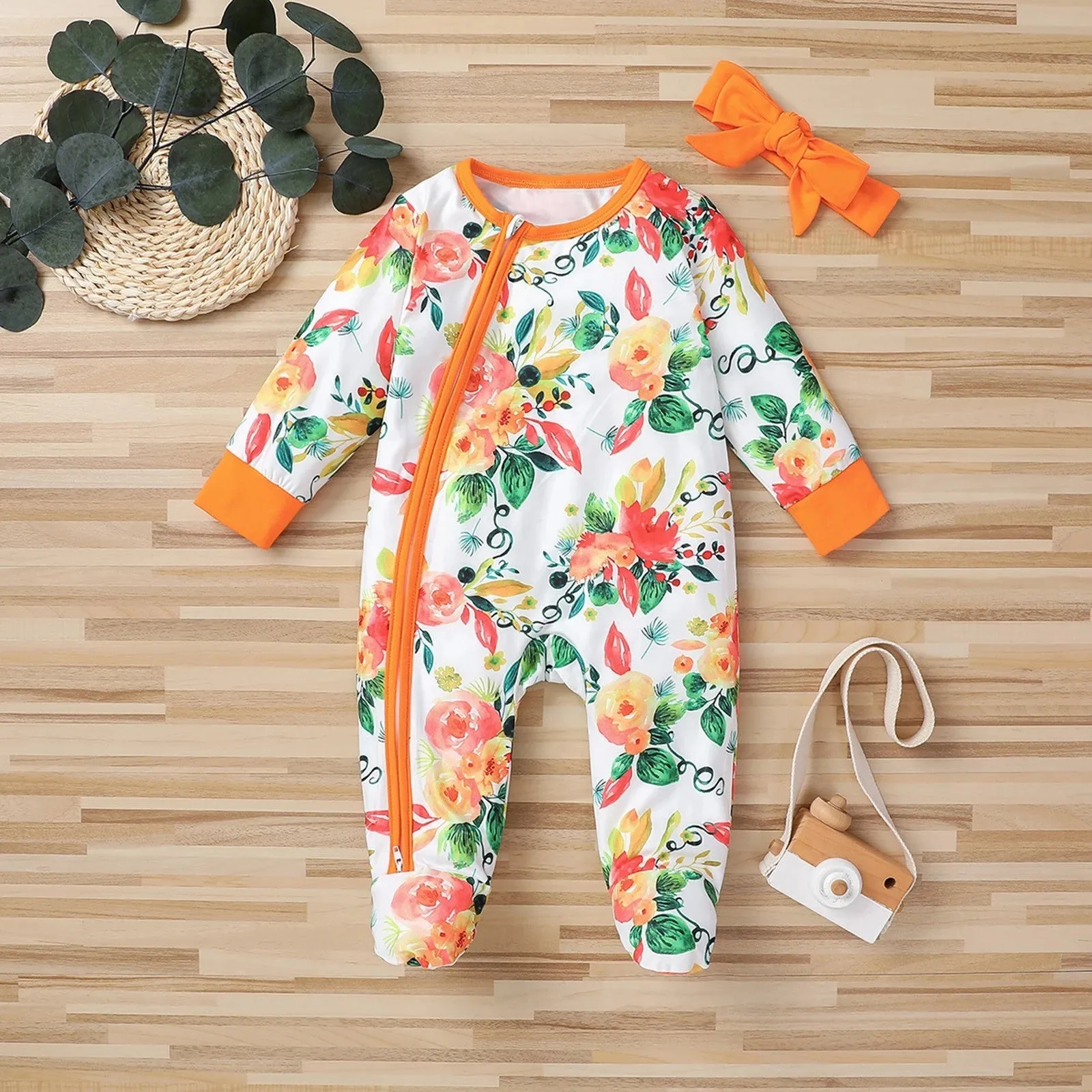 Floral Zip Romper Jumpsuit   Headbands Set