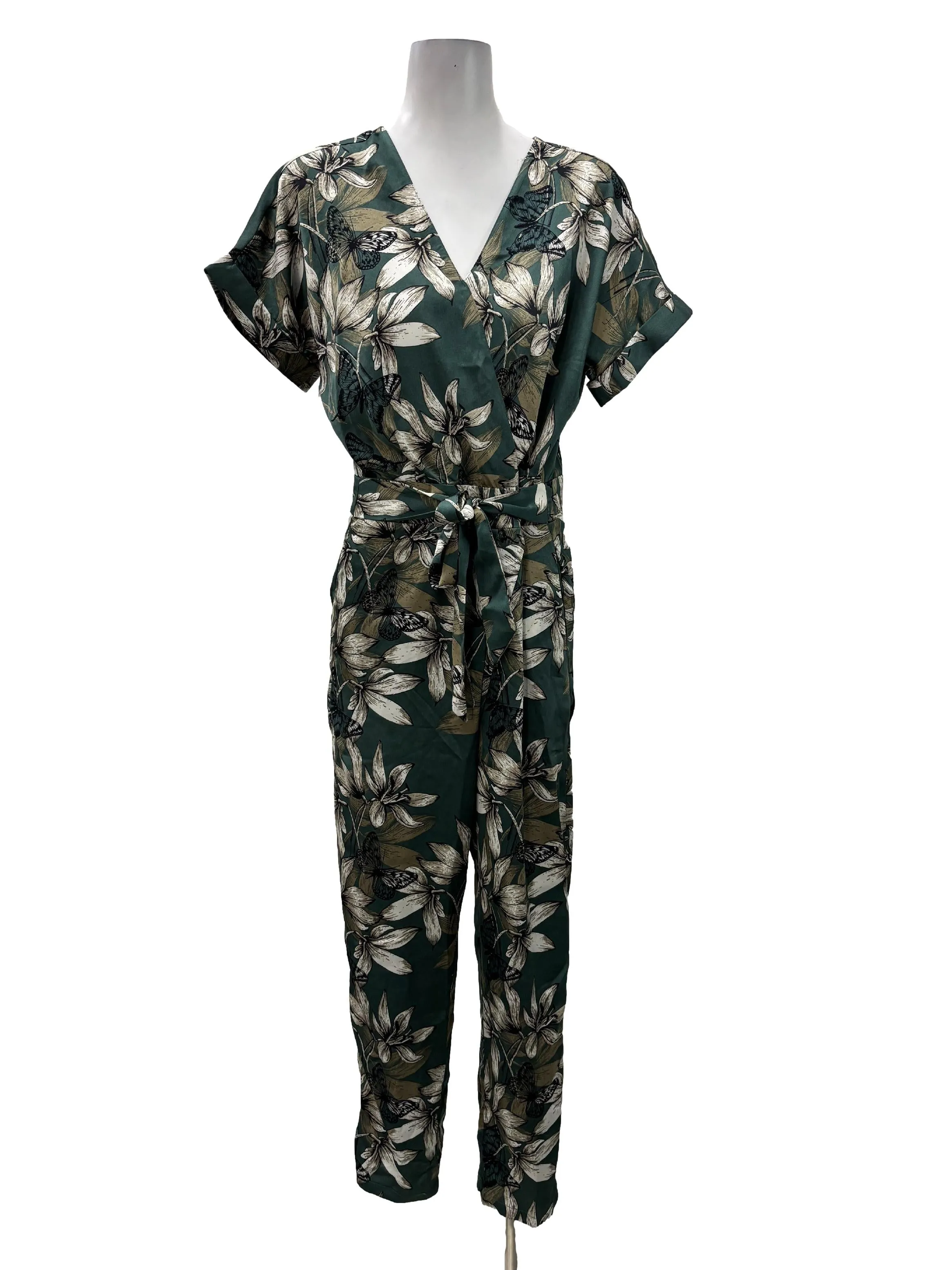 Forest Green V-Neck Floral Print Jumpsuit