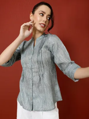 Grey Abstract Printed Pleated Top