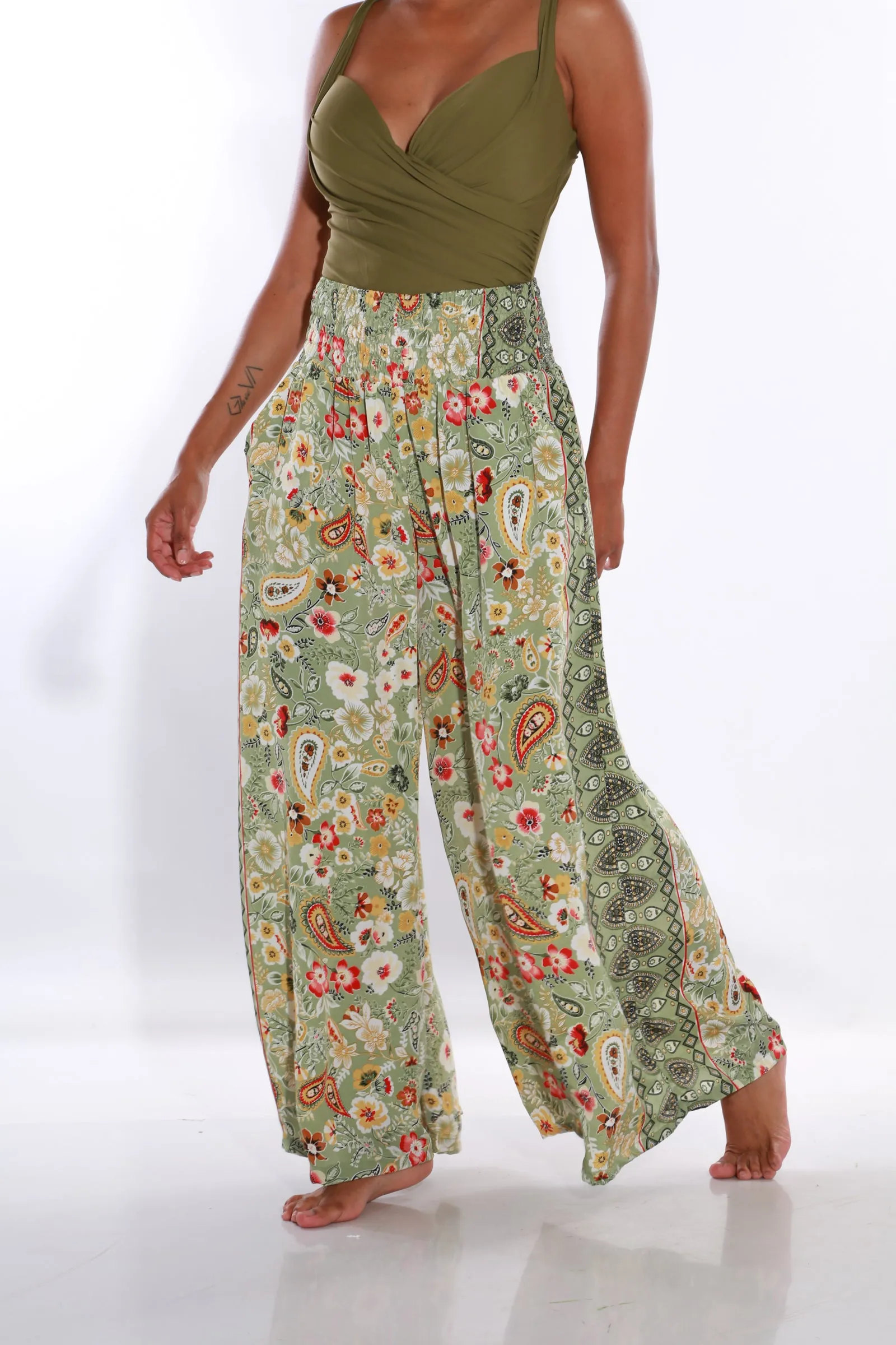 Happy Pants wide leg Boho palazzo pants - Olive