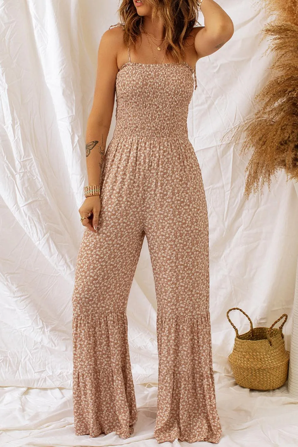 Hazel Blues® | Floral Spaghetti Strap Smocked Wide Leg Jumpsuit