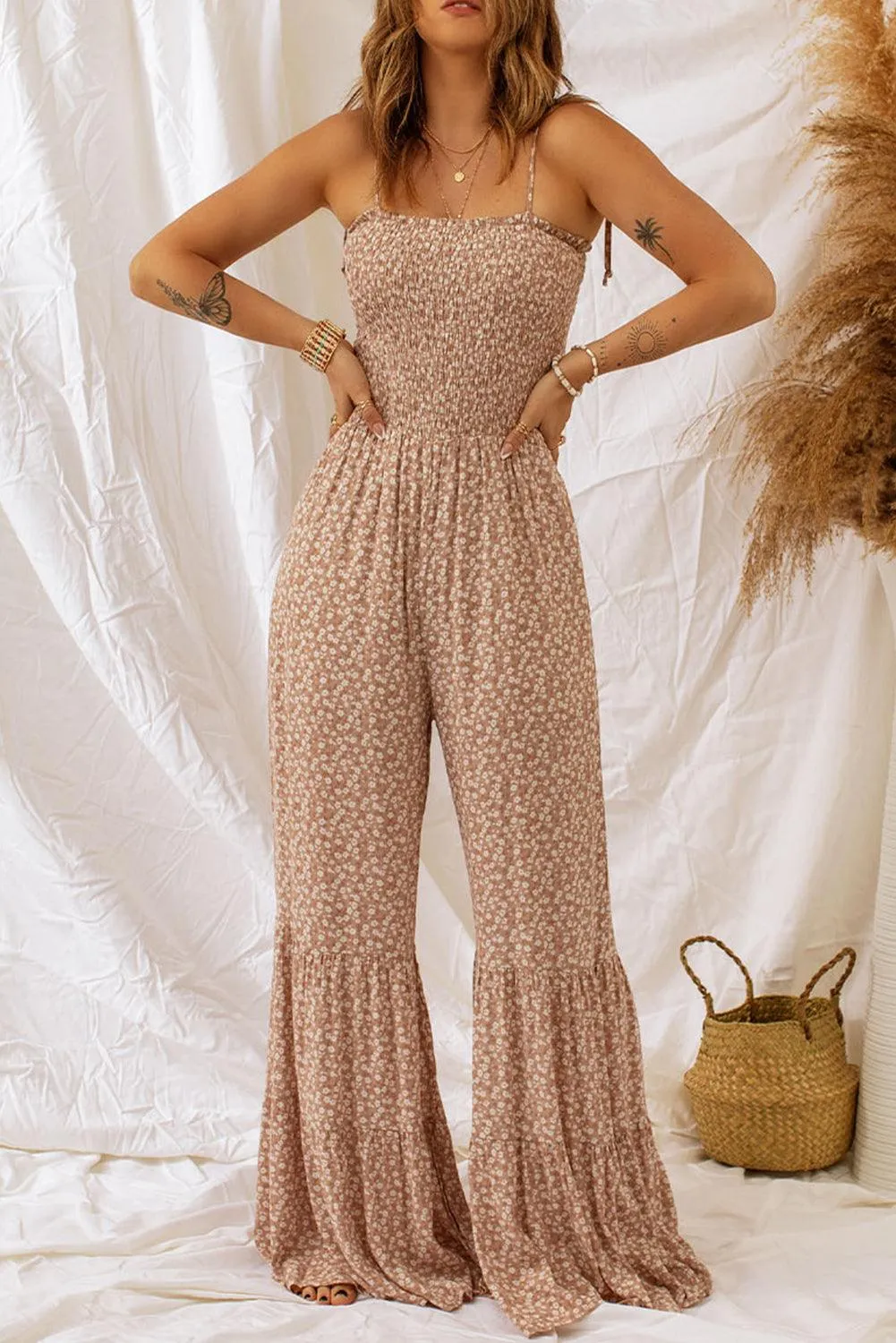 Hazel Blues® | Floral Spaghetti Strap Smocked Wide Leg Jumpsuit